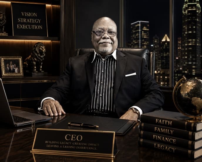 Dr. H. Glenn Sterling, Founder and CEO of Biz Corp Nation, seated at his desk